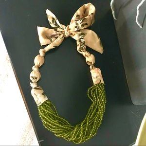 Anthropologie Green Beaded Necklace with Golden Satin Floral Tie